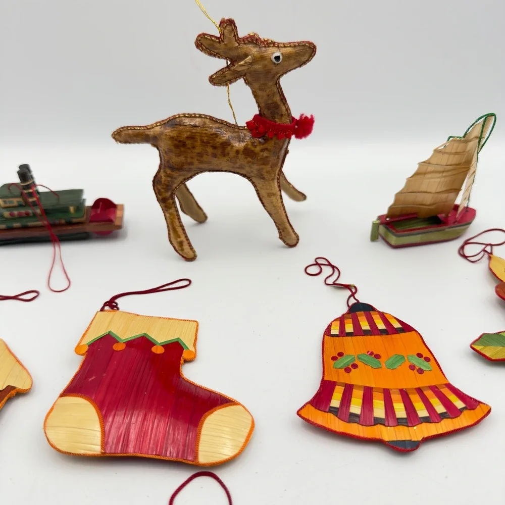 Vintage Straw Wood‎ Christmas Ornaments Set 10 Reindeer Santa Angel Folk Art